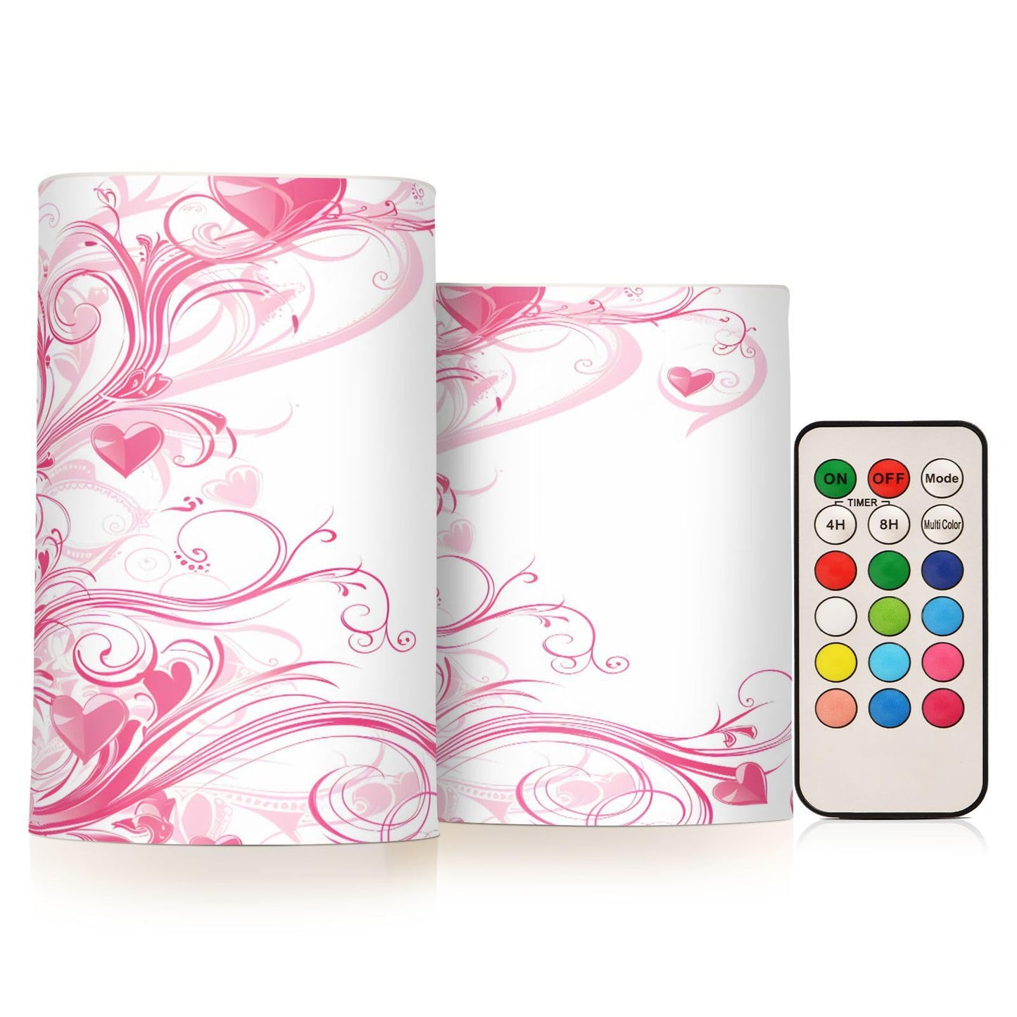 ALAZA Pink Hearts Swirls Flickering Flameless Candles Battery Operated with Remote Timer,Tea Light Candles LED Pillar Votive Candles Set of 2 for Outdoor Indoor Decorations