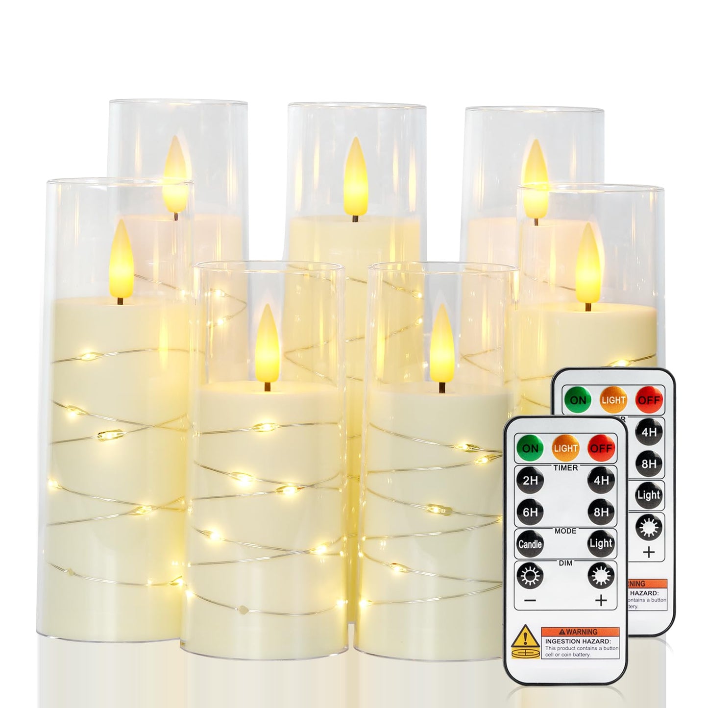 Raycare Flameless Candle with Remote Timer 7 Flickering Acrylic Battery Operated LED Pillar Candles with Embedded Star String for Christmas, Wedding, Home Table Decor, and as a Gift (Ivory White)