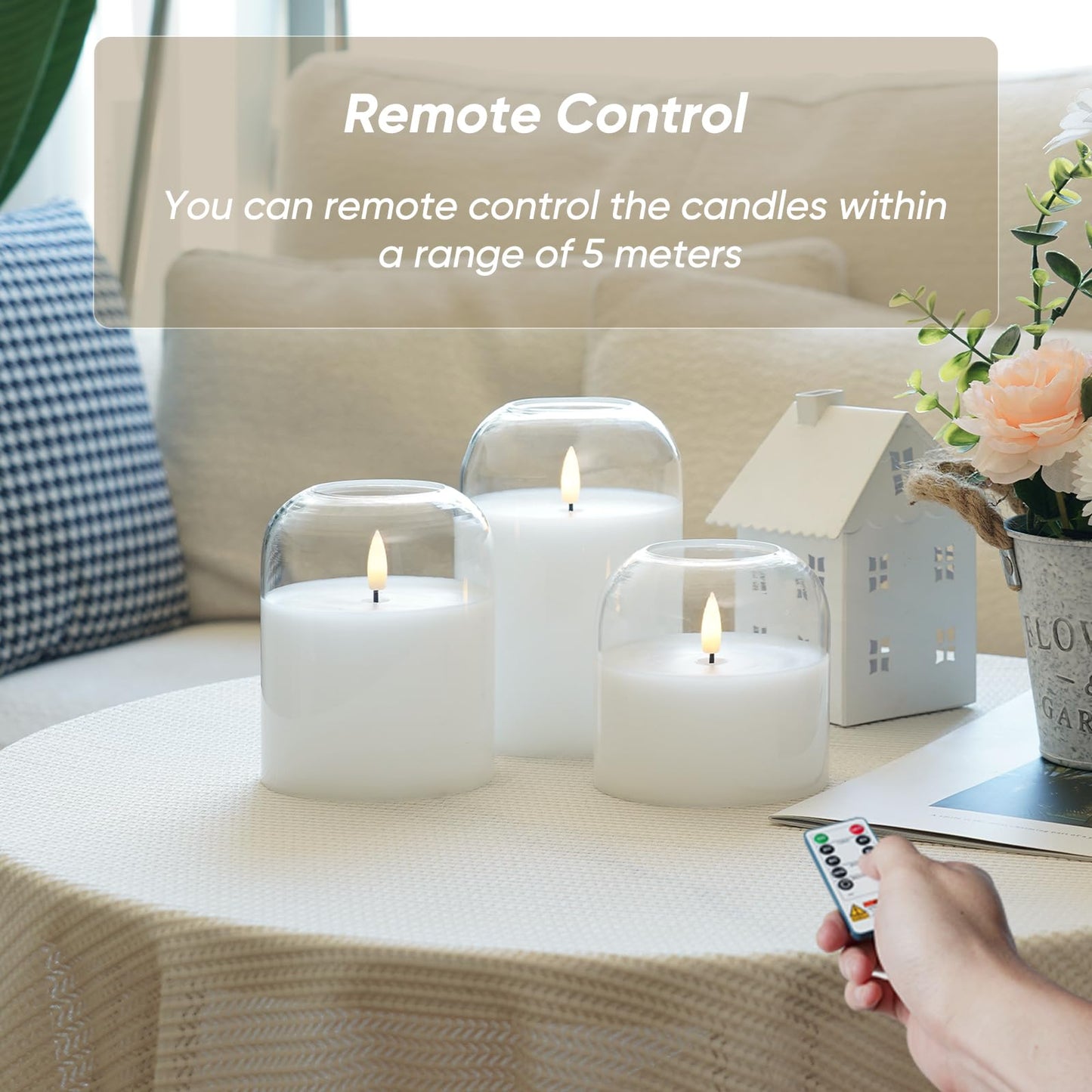 Homemory Glass Flameless Candles, Battery Operated Plliar Candles Realistic Flickering, LED Electric Light with Remote and Timer for Home, Christmas Decoration, White, Set of 3