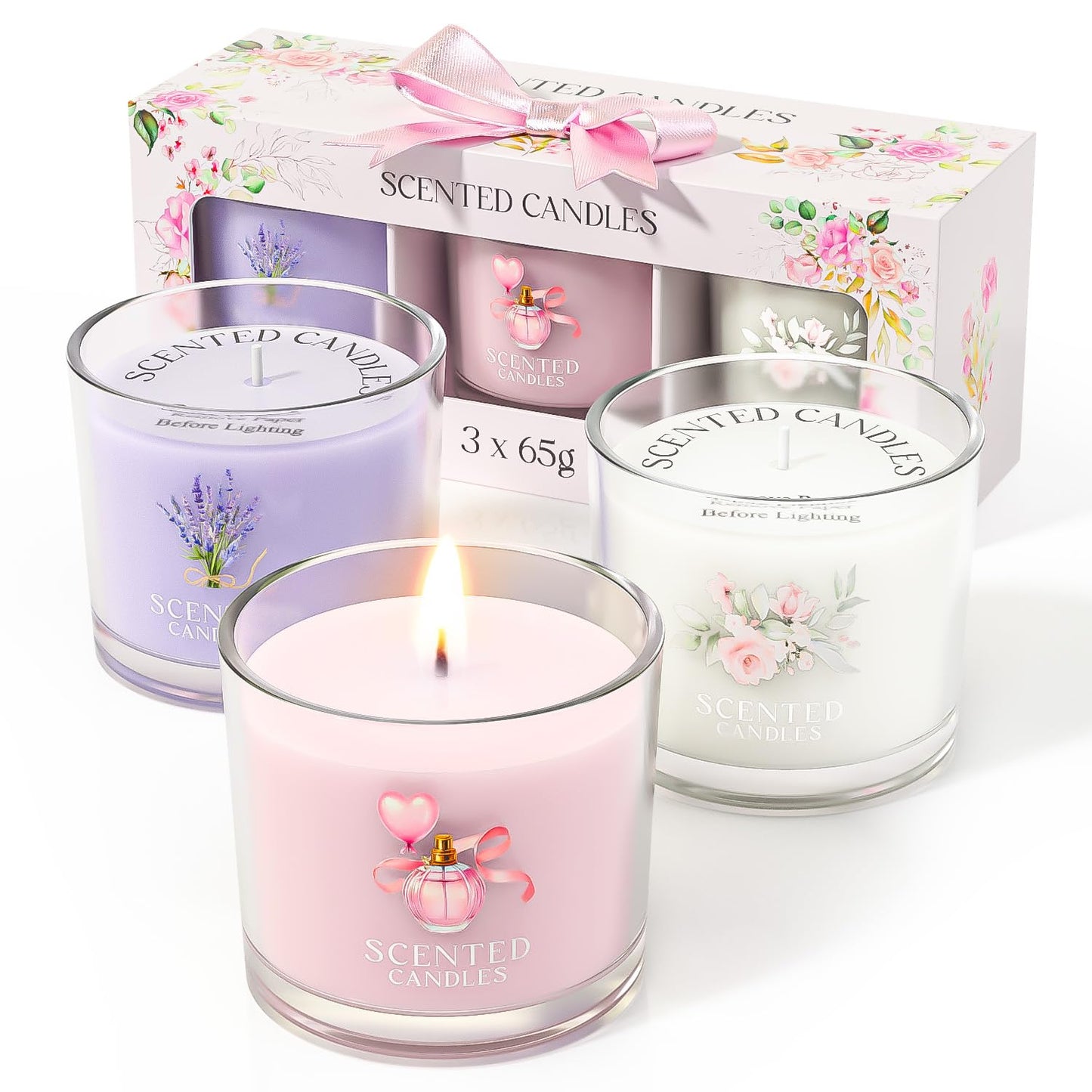 CHILLFLAME Scented Candles, Scented Candle Gift Set for Stress Relief, 3 Votive Candles for Women and Men, Birthday Candle Gifts for Women, Christmas Candles for Women (Pink + Purple + White, 7 oz)