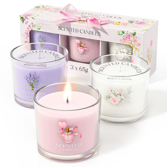 CHILLFLAME Scented Candles, Scented Candle Gift Set for Stress Relief, 3 Votive Candles for Women and Men, Birthday Candle Gifts for Women, Christmas Candles for Women (Pink + Purple + White, 7 oz)
