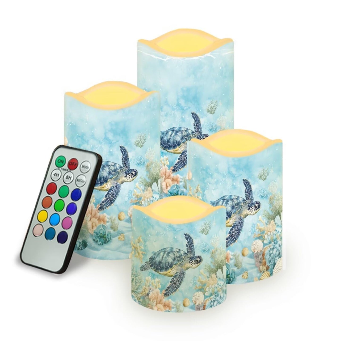 Cozeyat Turtle Ocean LED Candles 4 Pack Color Changing Battery Operated Flameless with Remote Control Timer Waterproof for Home Wedding Garden Beach