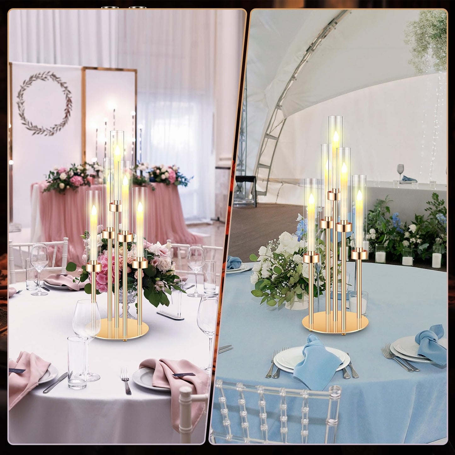 Tandefio 4 Set Gold Candelabra Centerpieces for Tables, 26.8 Inch 5 Arm Candle Holders with LED Candles and Acrylic Cylinders, Tall Acrylic Wedding Table Centerpieces for Reception Dinner Party Decor