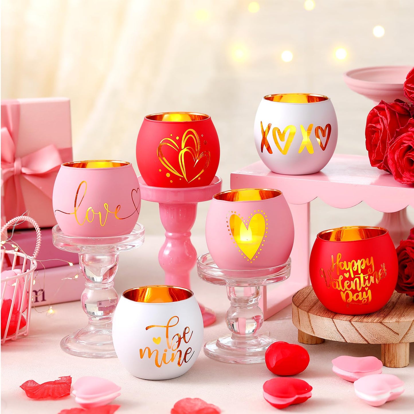 FoldTier 6 Pcs Valentines Candle Holders Love Glass Tealight Votive Candle Holder for Table Centerpiece Valentine's Day Wedding Party Decoration Home Tabletop Decor Gift