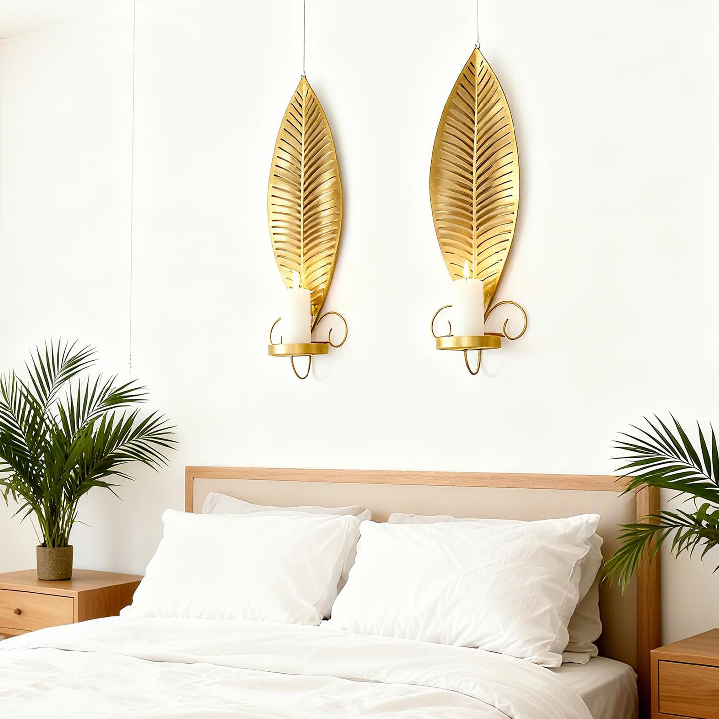 Farmhouse Wall Candle Sconces Vintage Metal Leaf Candle Holder, Set of 2 Wall Candlestick Mounted for Hallway Fireplace Bedroom Living Room (Gold)