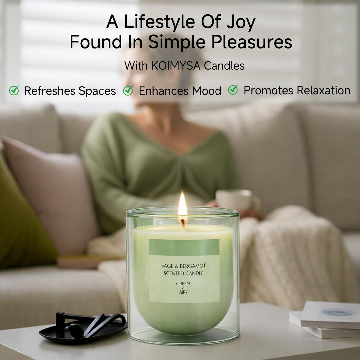 KOIMYSA Sage Citrus Scented Green Candles, Natural Soy Non Toxic Single Wick Aromatherapy Candle for Home Decor, Summer Fragrance