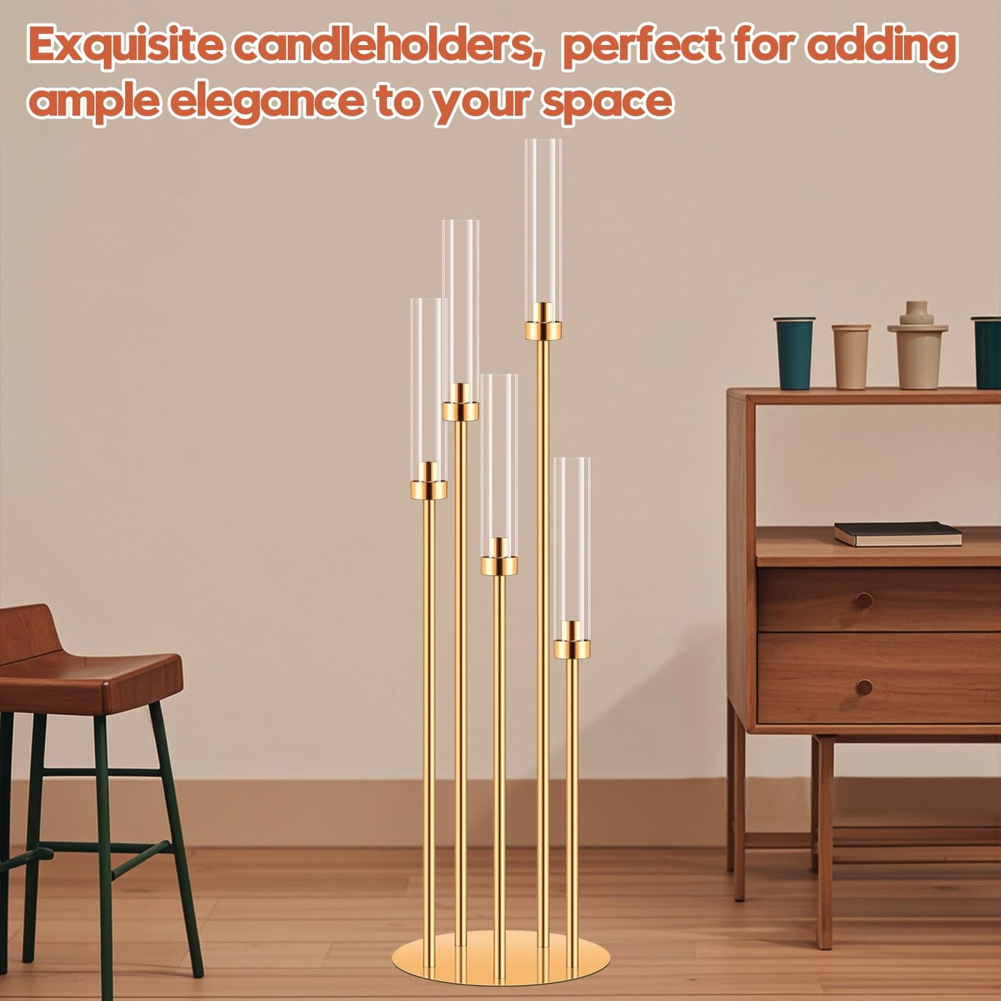 10 Set 5 Arm Gold Candle Holder, Mjkeomo 41.3'' Tall Candelabra Centerpieces for Tables Gold Candlesticks Holder for Housewarming Gift Fireplace Dinner Halloween Christmas Decor Fit 0.82'' LED Candle