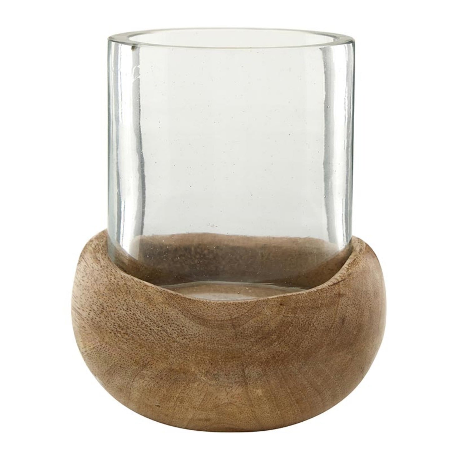 47th & Main Mango Wood and Glass Hurricane Candleholder, Small 4" Tall x 3.5" Diameter