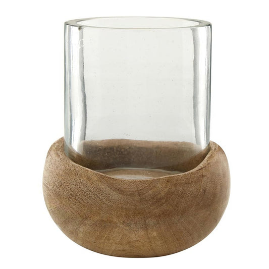 47th & Main Mango Wood and Glass Hurricane Candleholder, Small 4" Tall x 3.5" Diameter
