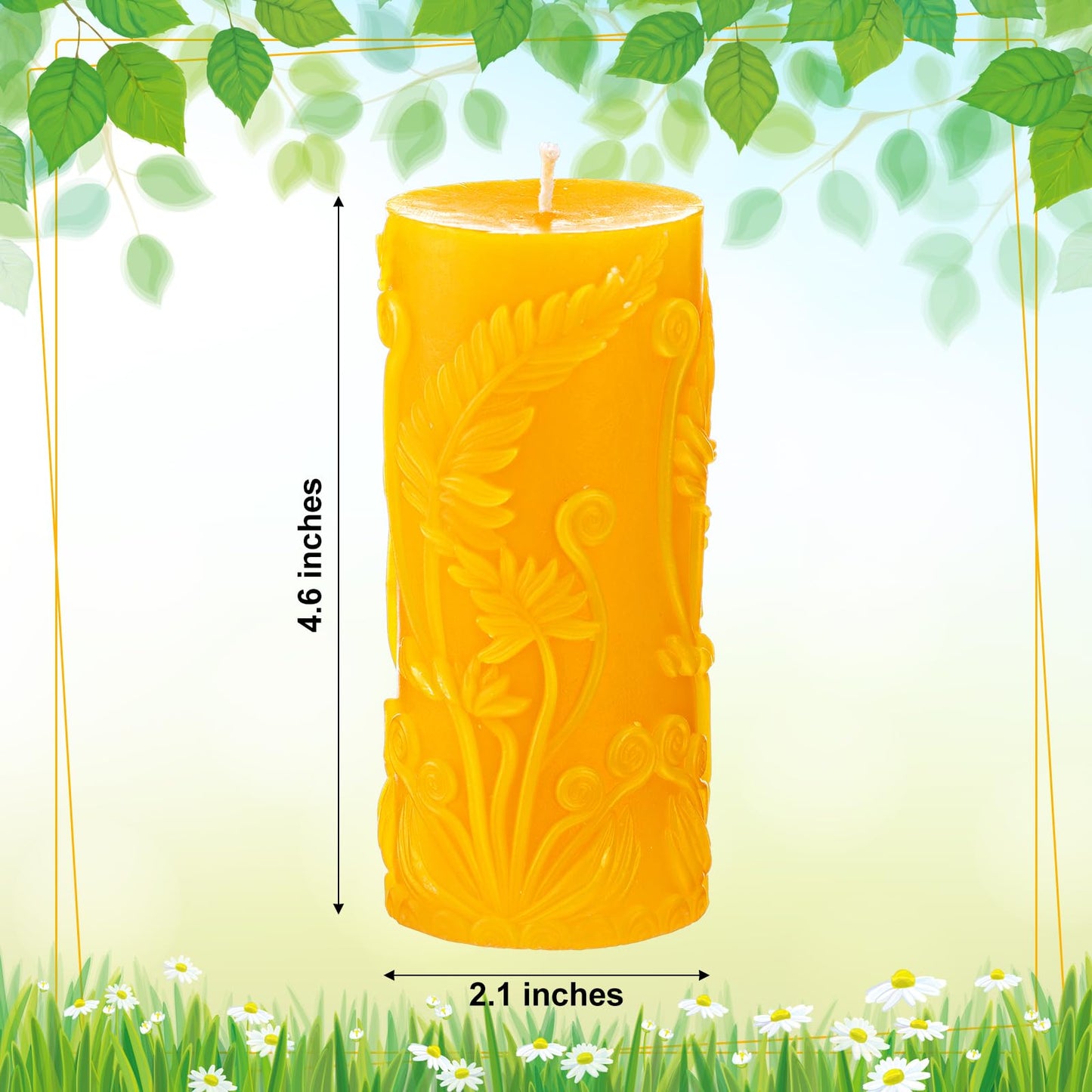 Conelist 2 Pcs Beeswax Pillar Candles Yellow Pillar Candles with Floral Carved 4.6x2.1 Inch 100% Natural Beeswax, Long Burning Gift Wedding Home Decor