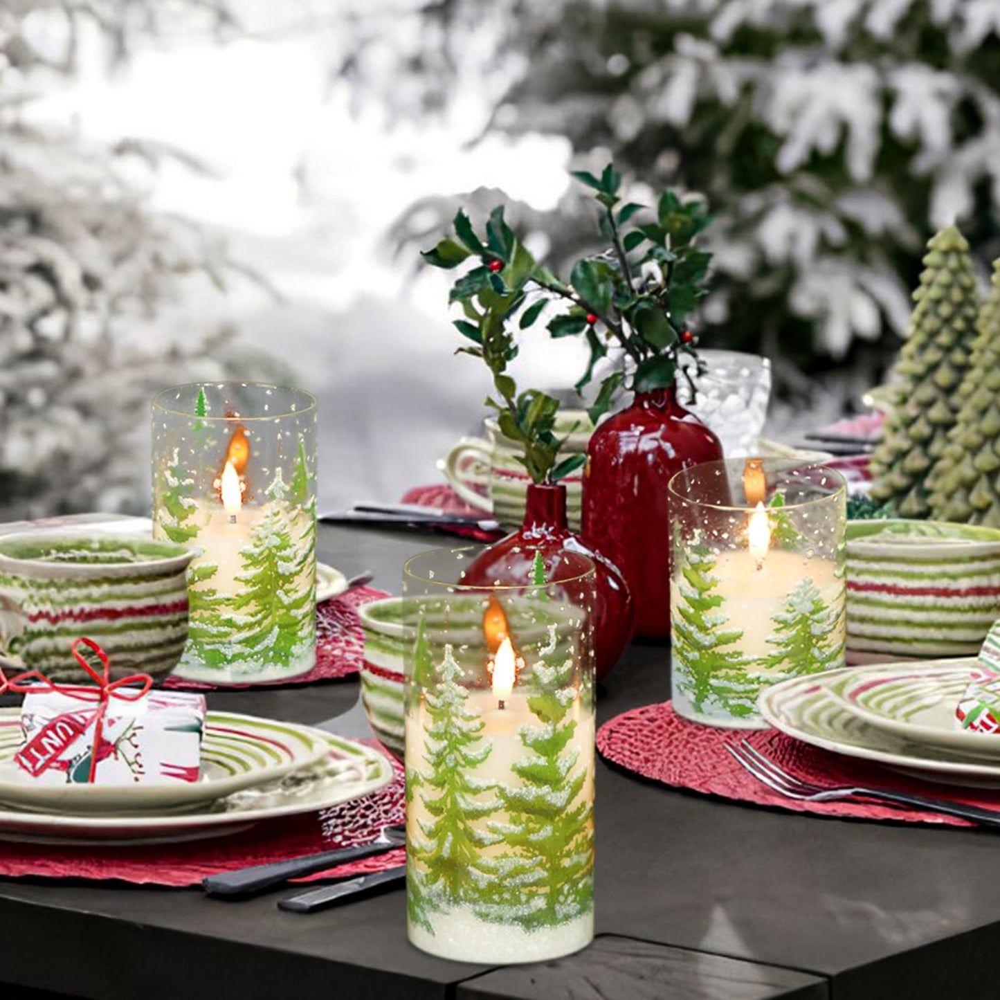 Wondise Christmas Tree Glass Flameless Candles, Battery Operated Flickering Candles with Remote and Timer, Real Wax LED Pillar Christmas Candles for Christmas Holiday Decor D3 x 4",5",6"