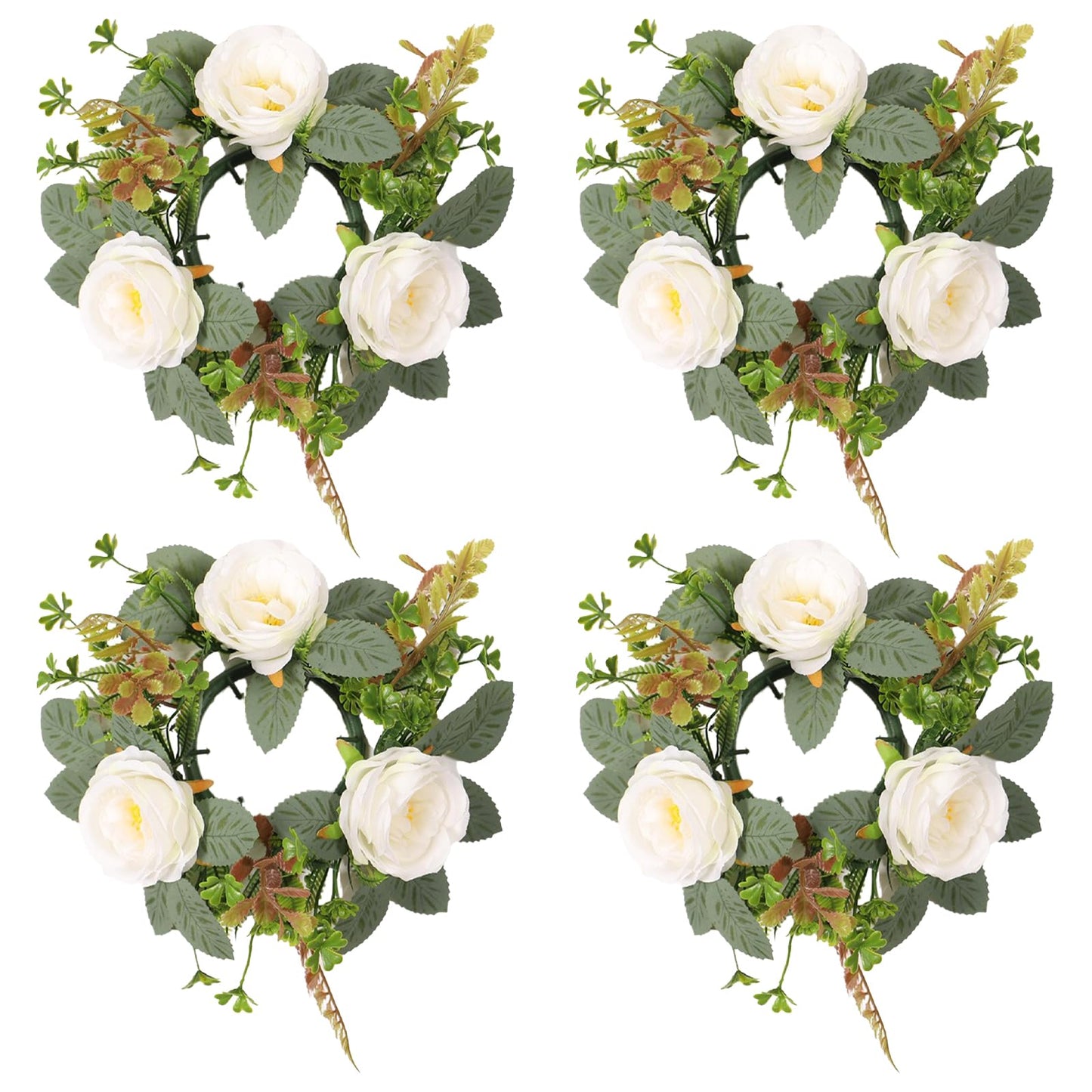 4 Pcs White Rose Candle Rings, Candle Rings Artificial Eucalyptus Leaves Wreaths Candle Rings Wreaths Greenery Wreath Candle Rings for Wedding Centerpiece Party Home Table Decor