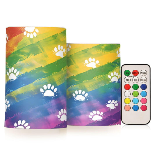 Animal Dog Cat Paw Prints on Rainbow02 Flickering Flameless Candles Battery Operated with Remote Timer,Tea Light Candles LED Pillar Votive Candles Set of 2 for Outdoor Indoor Decorations