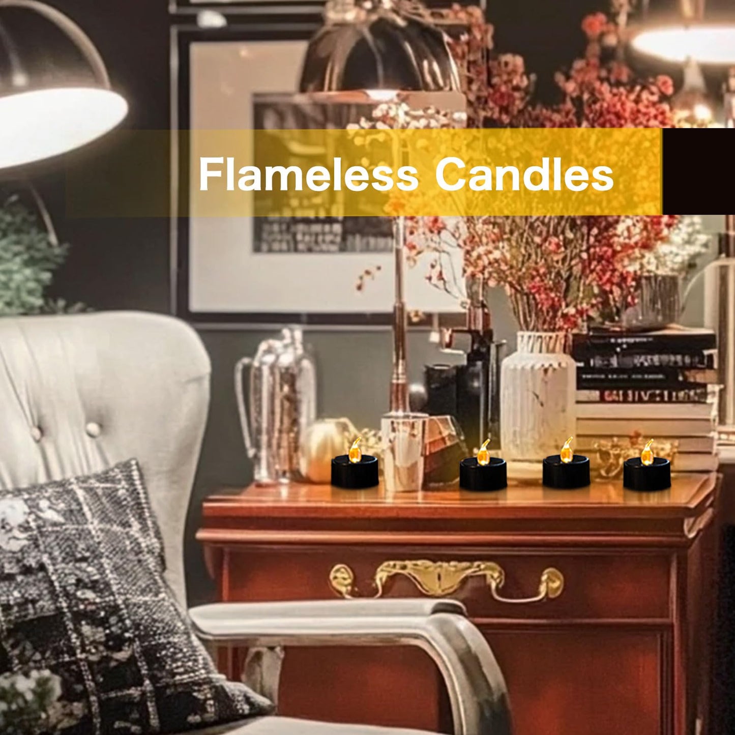 LANKER 24 Pack Black Tea Lights Candles, Flickering Warm Yellow Flameless LED Tealights, Long Lasting Battery Operated Fake Candles, Decoration for Wedding, Halloween and Christmas