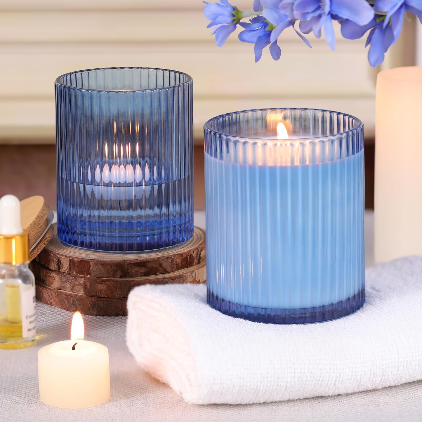 sunnyfuture 10 OZ Blue Candle Jars for Making Candles Set of 8, Ribbed Glass Candle Jars with Wood Lids and Labels, Candle Containers for DIY, Gifts, Home Decoration