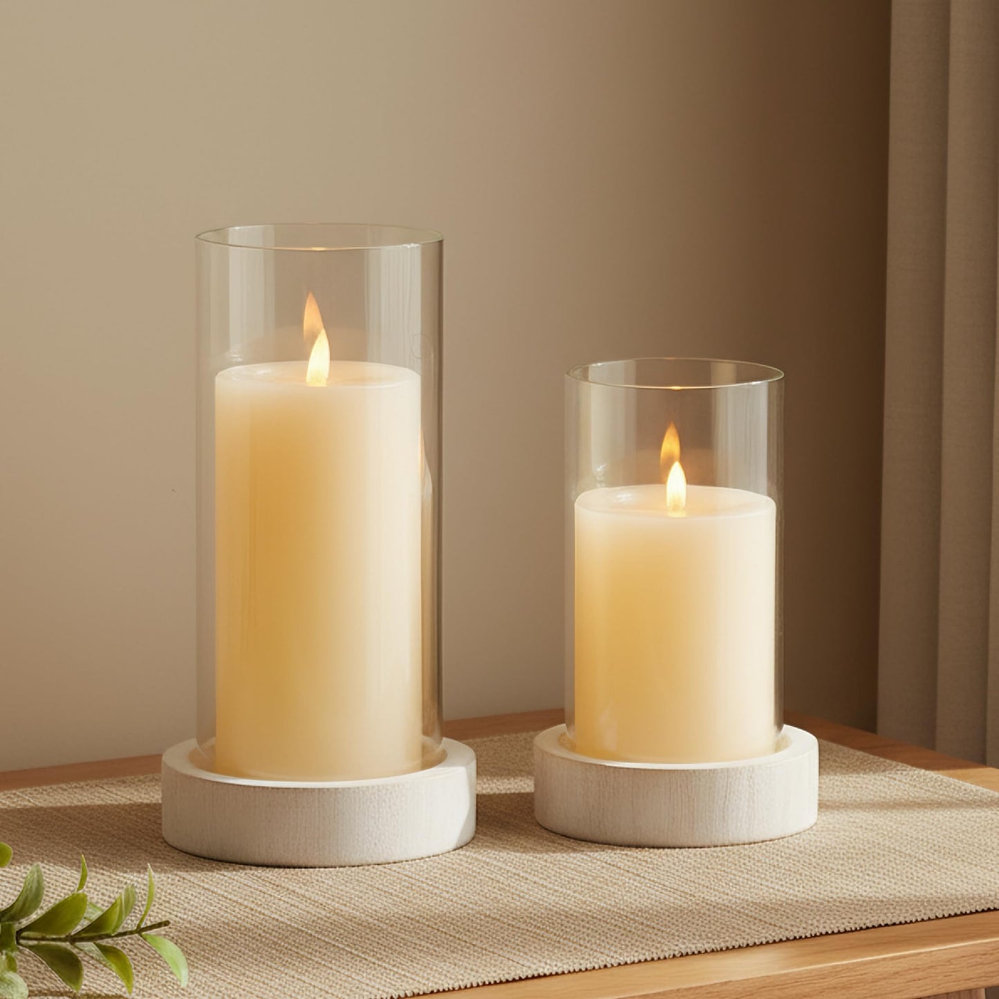 Ronasip Set of 2 Hurricane Candle Holders with Wood Base & Glass Cylinder (4.2x5.9” & 4.6x7.8”) – Rustic Wooden Candle Holders for Home Decor, Weddings, Table Centerpieces (2, White)
