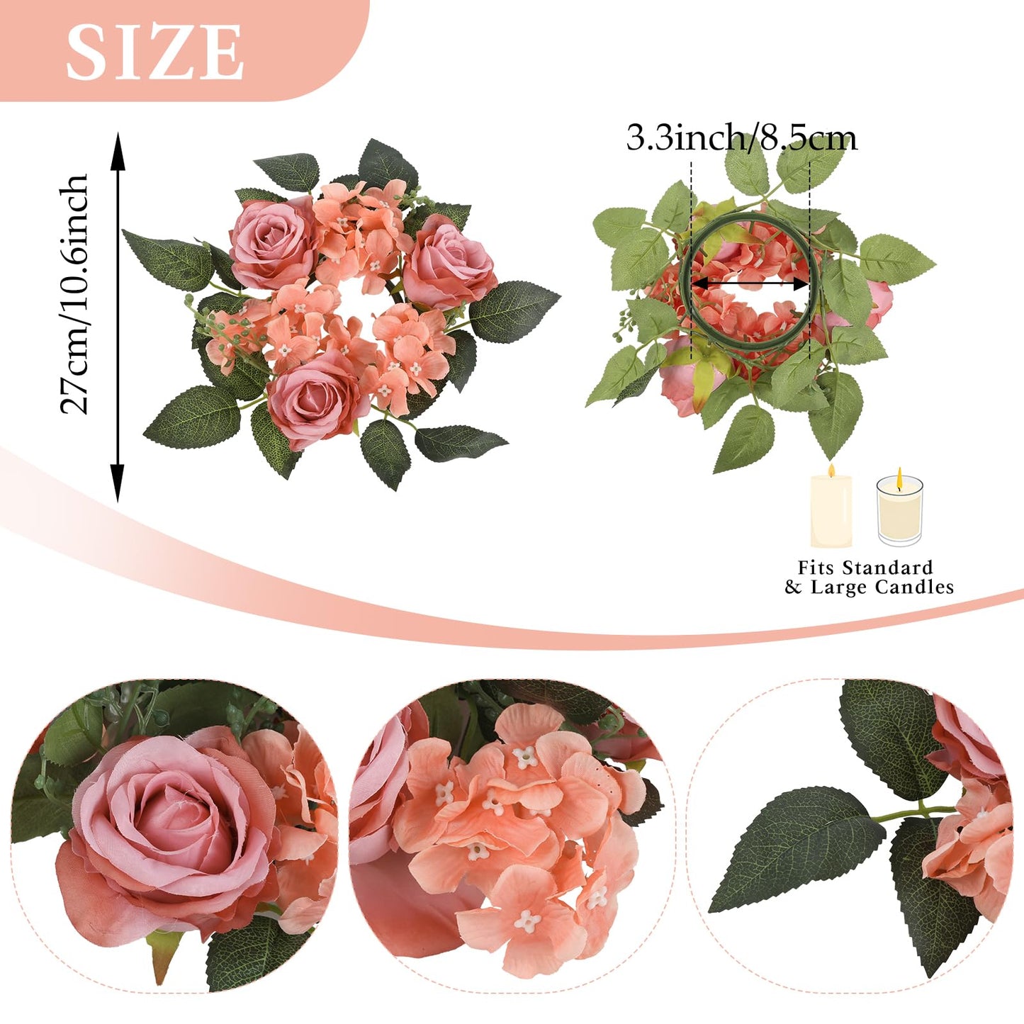 UUXX 4pcs Flower Candle Rings Wreaths, Silk Roses Hydrangea Artificial Flowers Candle Wreaths Rings for Table Centerpieces Wedding Valentine's Day Party Decor(Dusty Pink)