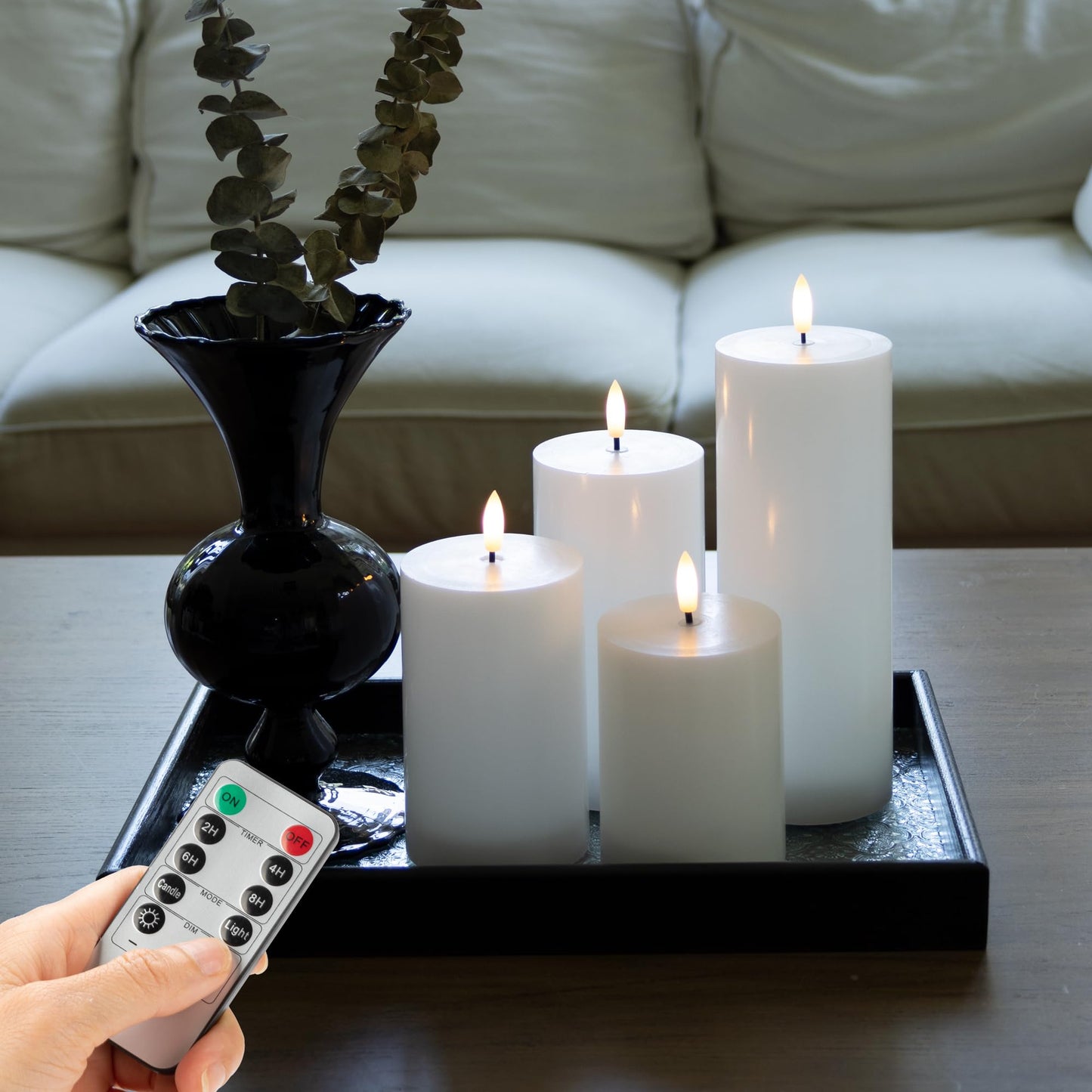 AFINETH White Flameless Pillar Candles, Battery Operated Wax Candles with Remote, Flat Top Flickering Flameless Candles, LED Candle for Home, Wedding, Party Decor, Set of 4, Φ 3" H 4" 5" 6" 8"