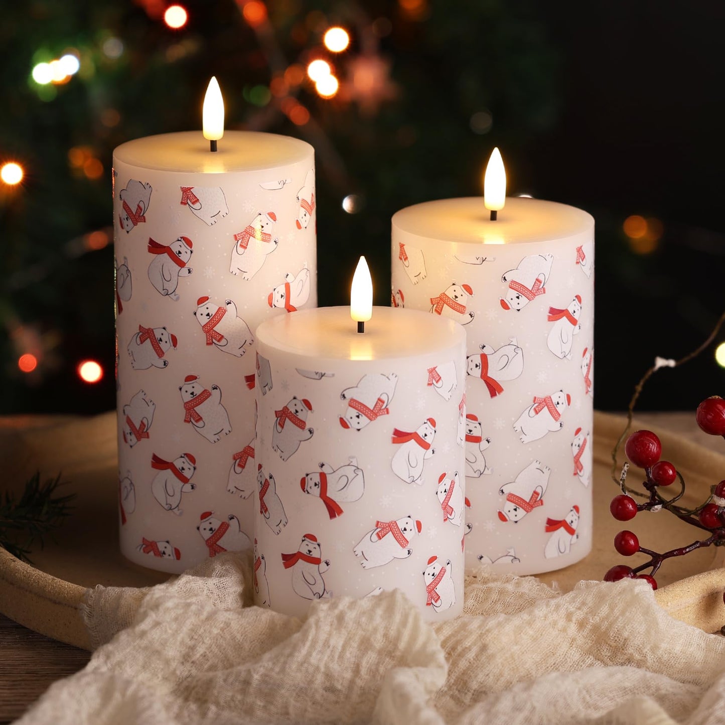 Eywamage Flameless Pillar Candles with Remote, Flickering Bear LED Candles Battery Operated Set of 3