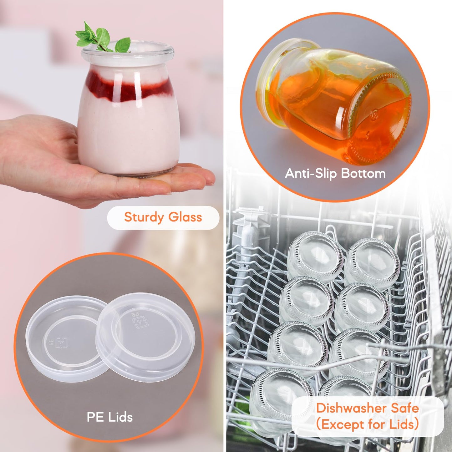 6.7 oz Glass Jars 40 Pack, Yogurt Jars with Leakproof PE Lids, Thick Durable Small Jars for Pudding, Jelly, Jam, Mousse, Spices, Candles - Reusable Glass Containers for Meal Prep, DIY Crafts