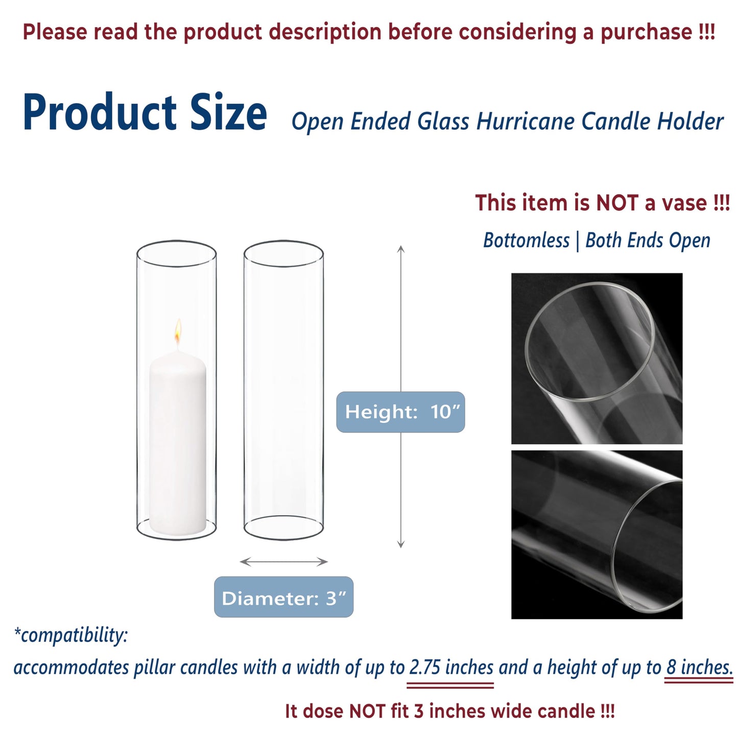 CYS EXCEL 6 PCS (H:10" D:3") Open Ended Glass Hurricane Candleholder Tube Shade Bottomless Candle Chimney Cover