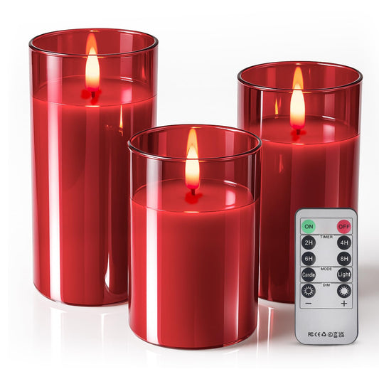Tyawon Glass Battery Operated LED Flameless Candles with Remote and Timer, Real Wax Candles Warm Color Flickering Light for Festival Wedding Home Party Decor(Pack of 3)-Red