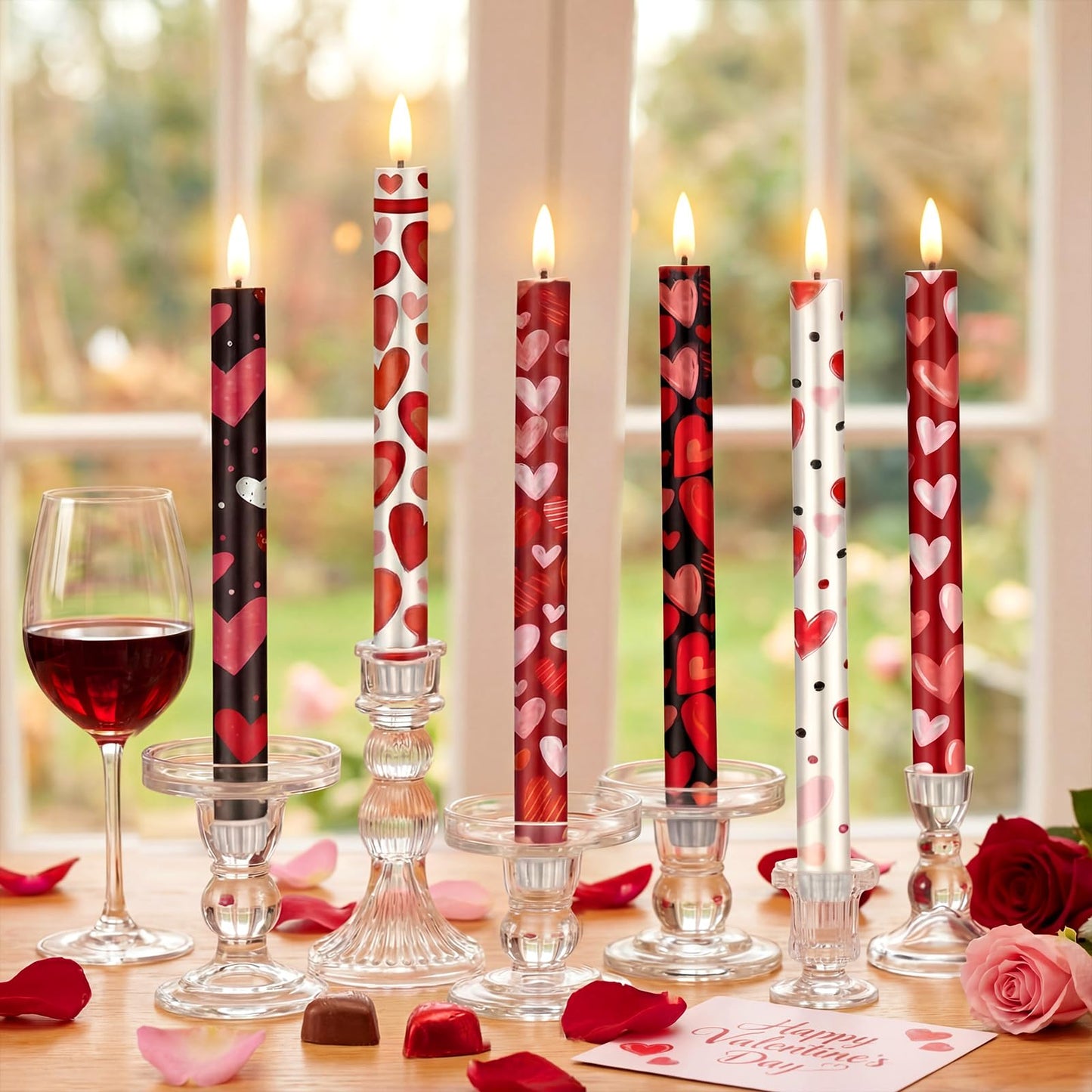 Aurelema 6 Pcs Valentines Day LED Flameless Candle Set Valentine Day Flameless Taper Candles with Heart Battery Operated Seasonal Celebration with Remote for Wedding Romantic Night
