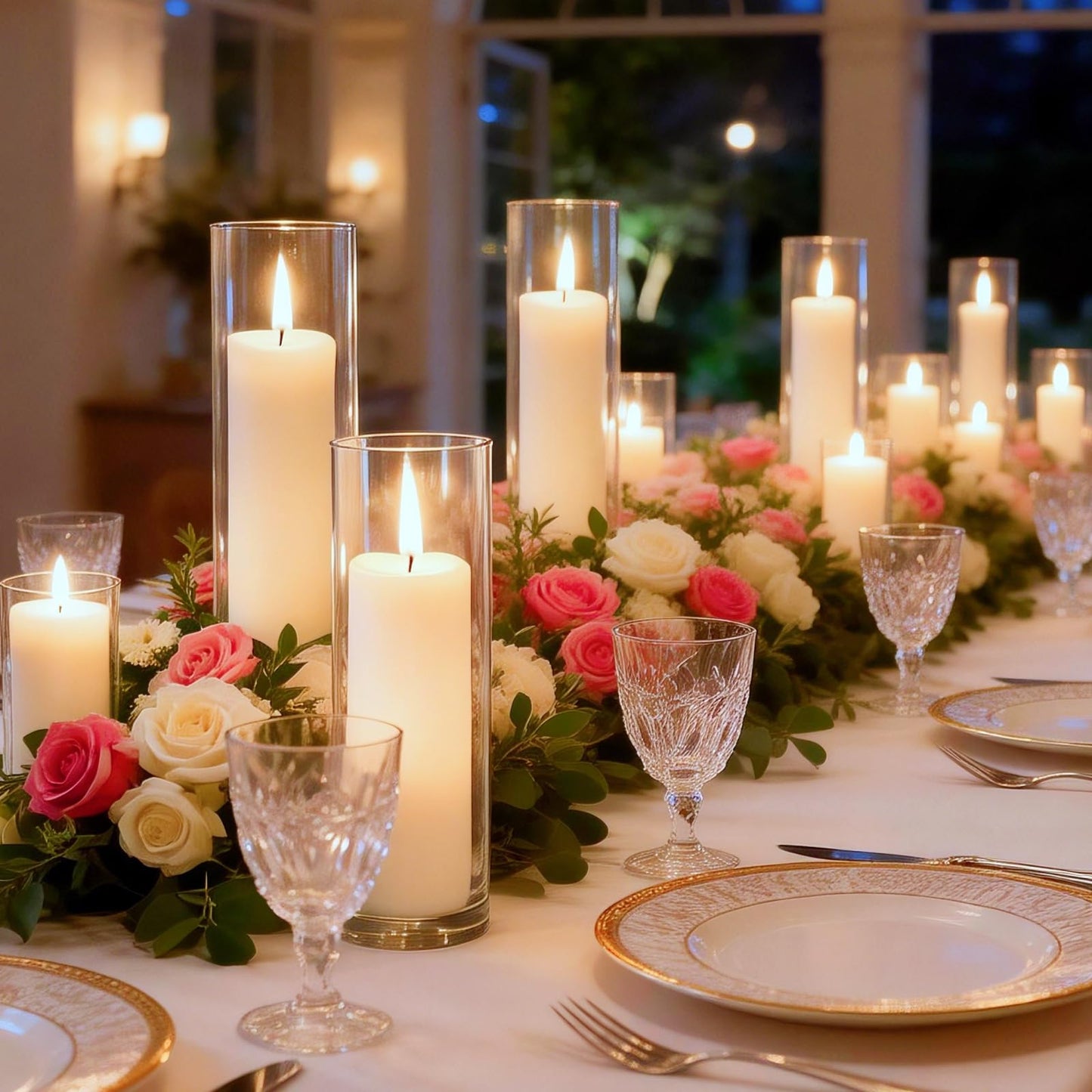 PNJHDZ 24 Pcs White Pillar Candles and Glass Candle Holders Cylinder Candle Vases for Pillar Candles Hurricane Candle Holders Set for Wedding Party, Event, Home Office Decor