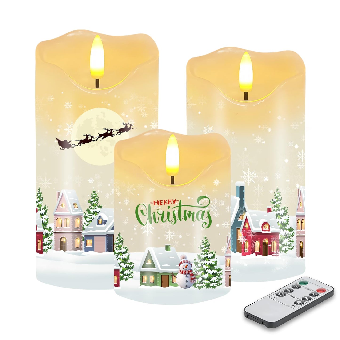 VEEKI Christmas Flameless Candles, Set of 2 Flickering Snow House LED Candles with Remote & Timer, Real Wax Pillar Candles Battery Operated, Electric Candles Light for Home Christmas Decor