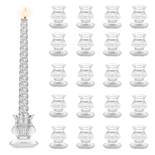 Hewory Glass Taper Candle Holders: 20PCS Clear Candle Holder Candlestick Holders, Crystal Ribbed Candle Sticks Holder Decor for Table Centerpiece Wedding Advent Wreath Christmas Thanksgiving Dinner
