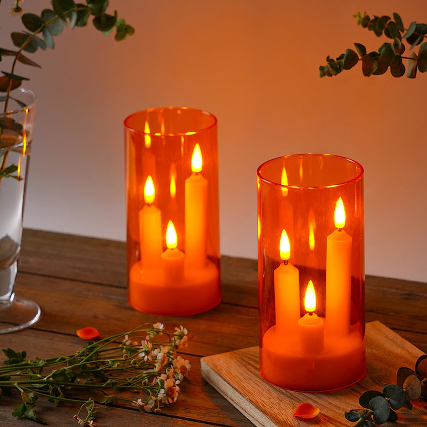 Da by 2 Pack 3D Wick Flameless Taper Candles, Orange Transparent Acrylic Cover, Remote Control Flickering LED Electric Candles, Battery Operated for Halloween Thanksgiving Christmas Home Decor.