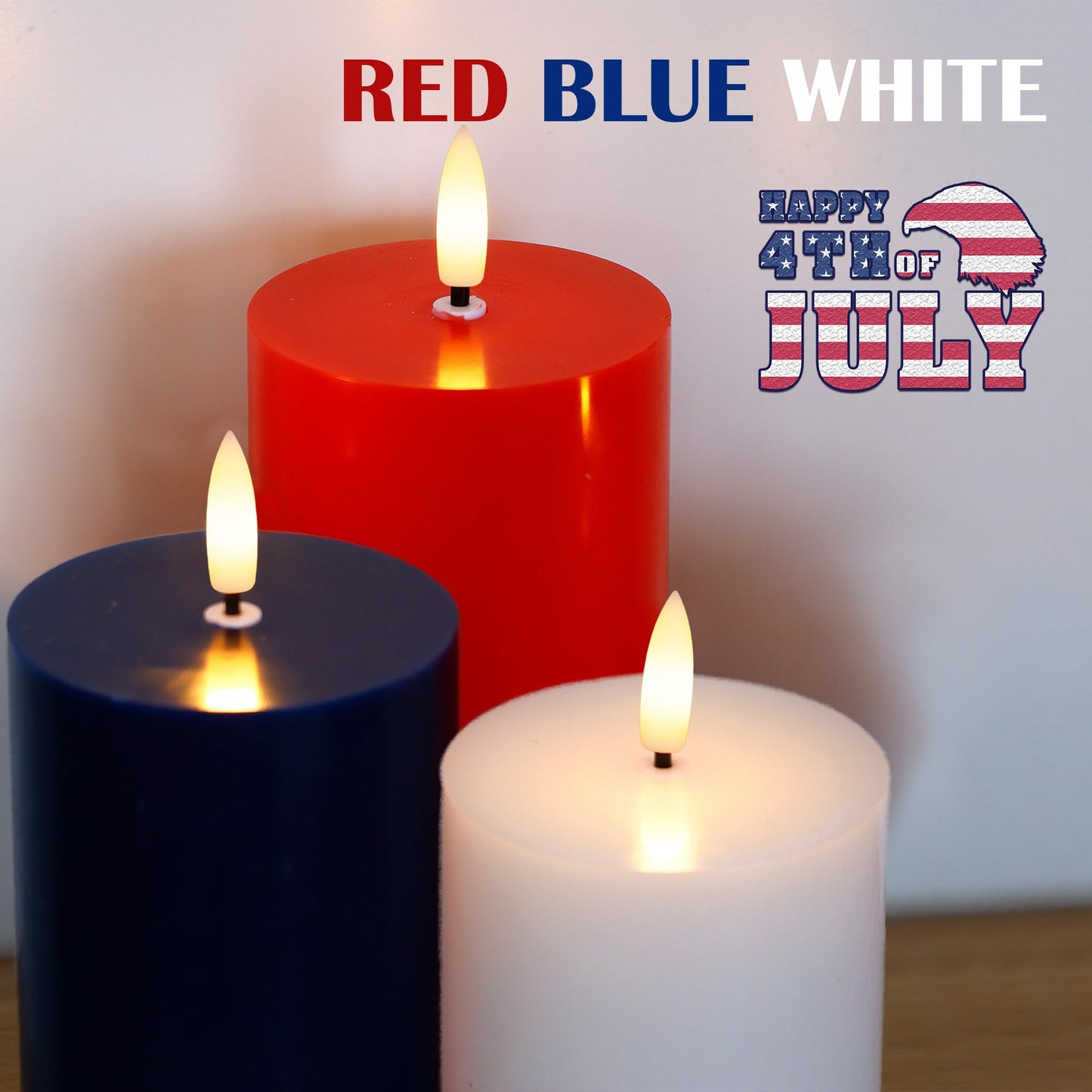 JOIONE 4th of July Red White and Blue Flameless Pillar Candles with Remote, 3 Pack Patriotic Battery Operated Real Wax LED Candles, Perfect for Independence Day Home Decorations Fireplace Table