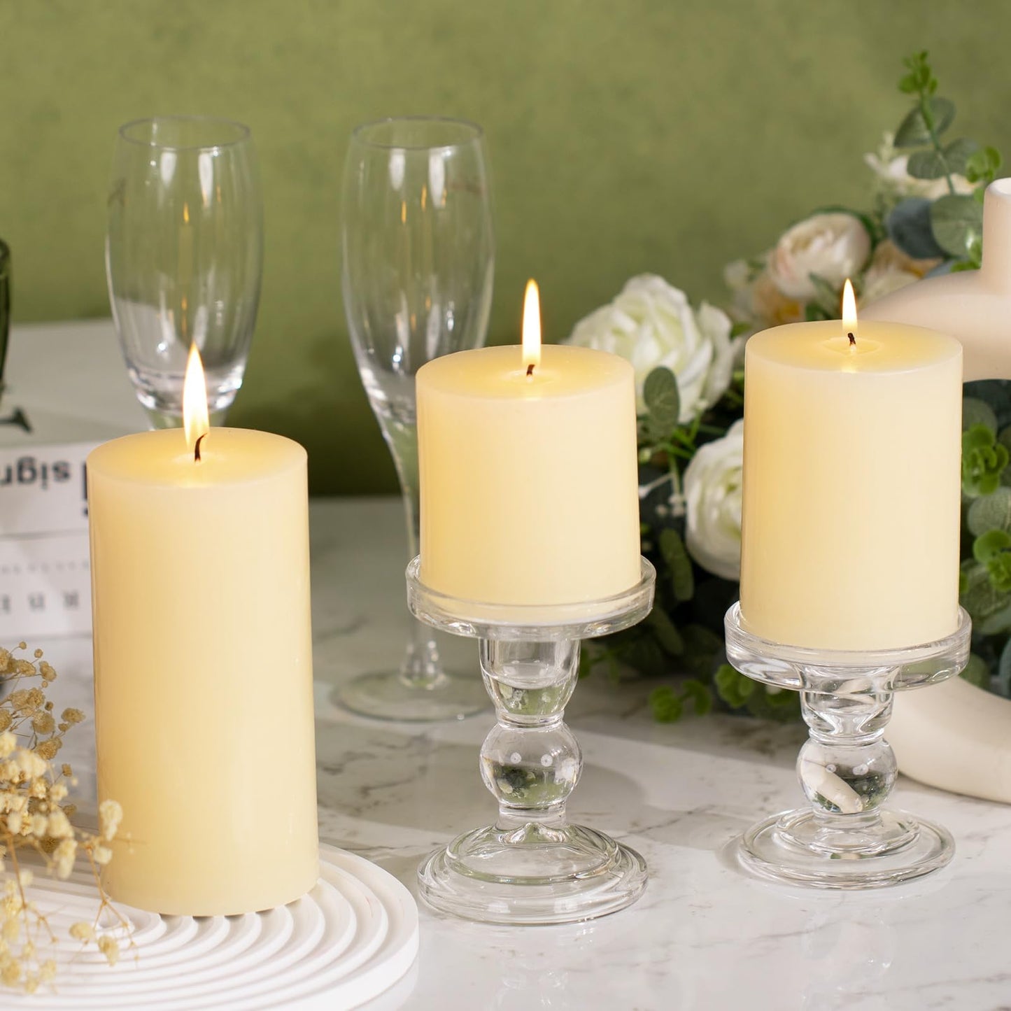 KONNI Ivory Pillar Candles Set of 3, 3"x 3" Unscented Pillar Candles Bulk, 30 Hours Long Burning Candles, Smokeless&Dripless Large Round Candle for Wedding, Home Decoration, Parties, Spas, Dinner