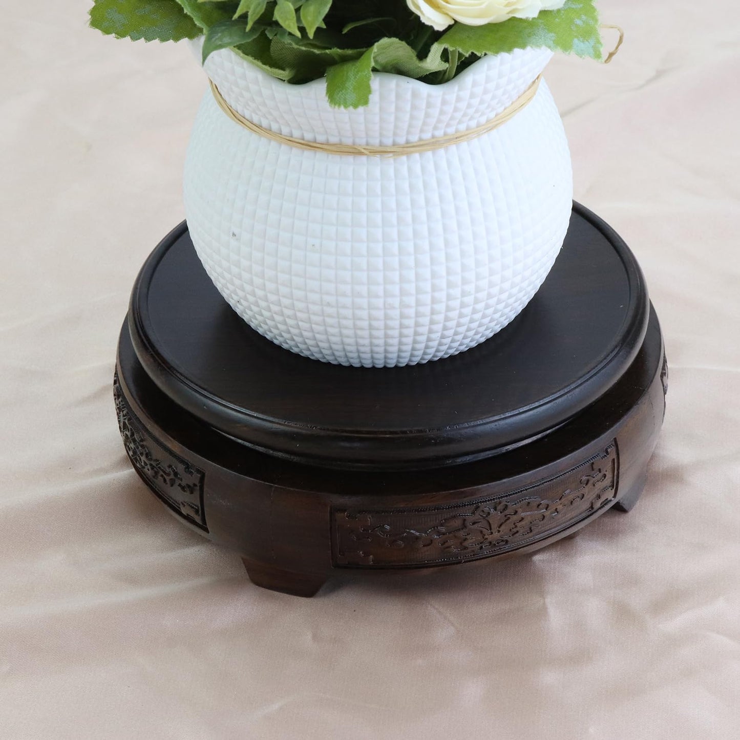 Mewutal Wooden Display Stand Base 4" x 4" Wood Carved Craft Pedestal Traditional Wooden Base Oriental Antique Display Riser Round Pedestal Stands for Vase Crystal Ball Teapot Stone Flower Pot