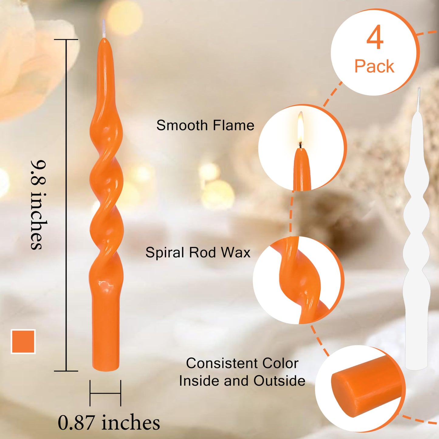 4 Pack Orange Taper Candle 10 inch Twisted Candles Unscented for Christmas Halloween Dinner Wedding Home Decor, Relaxation & All Occasions