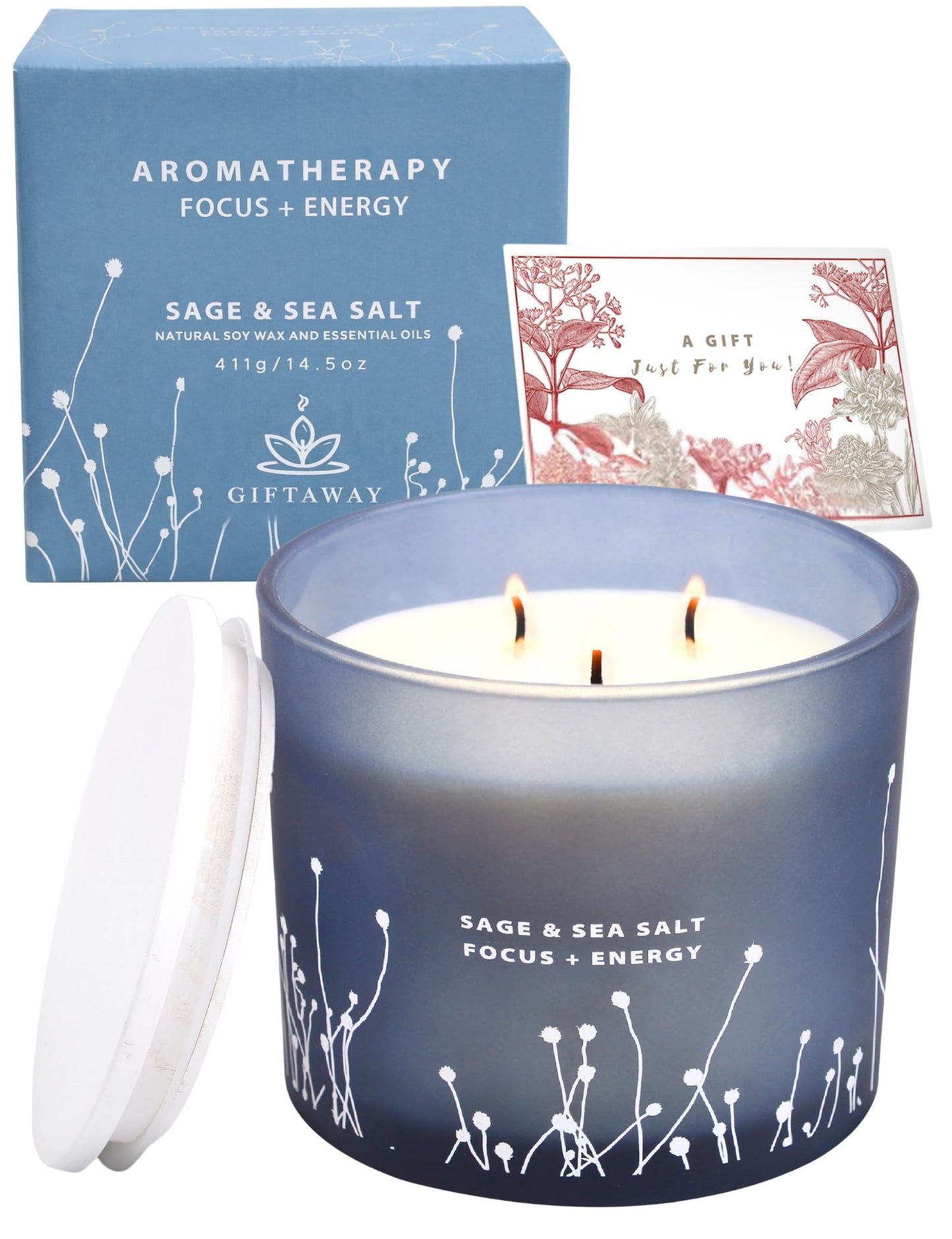 White Sage Sea Salt 3 Wick Candle - Large Soy Scented Candle 14.5 oz - Sage Candle for Cleansing House - Aromatherapy Energy Cleansing Candle for Home, Stress Relief, Women & Men