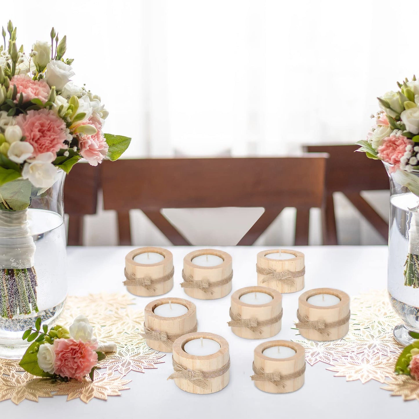 Wooden Tealight Candle Holder and Candles Handmade Votive Tea Light Candles for Rustic Wedding Baby Shower Favors Party Table Centerpieces Birthday Decoration (50 Pcs)