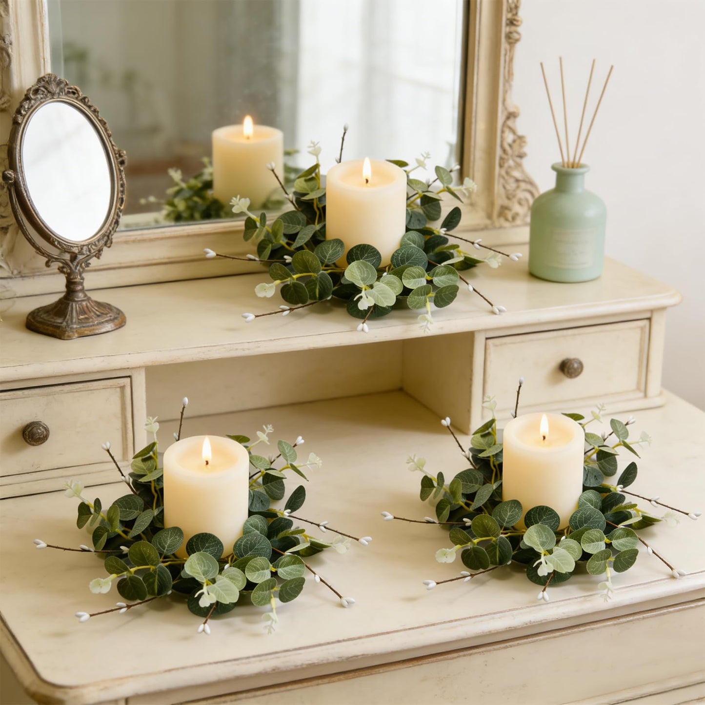 6 Pcs Small Spring Summer Candle Ring Wreaths with Artificial Eucalyptus Greenery White Buds Branches Mini Pillar Candle Holder Wreath for Home Table Centerpieces Kitchen Wedding Farmhouse Party Decor