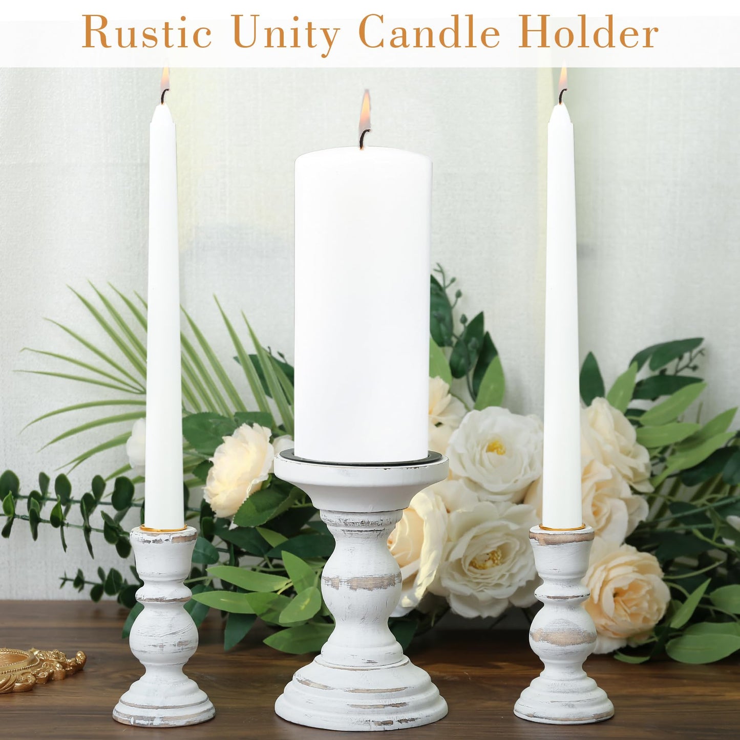 Unity Candle Holder - LIKEYO Wooden Unity Candle Holders for Weddings, Rustic Candlestick Set of 3, Wooden White Candlestick for Wedding Table Centerpiece Church Farmhouse Decor