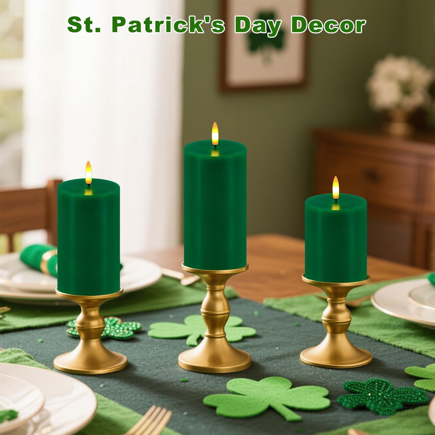 Green Flameless Candles, Set of 3 Flickering LED Candles with Remote & Timer, Dimmable Real Wax Electric Pillar Candles Battery Operated, Candles Light for Home St. Patrick's Christmas Decor (Green)