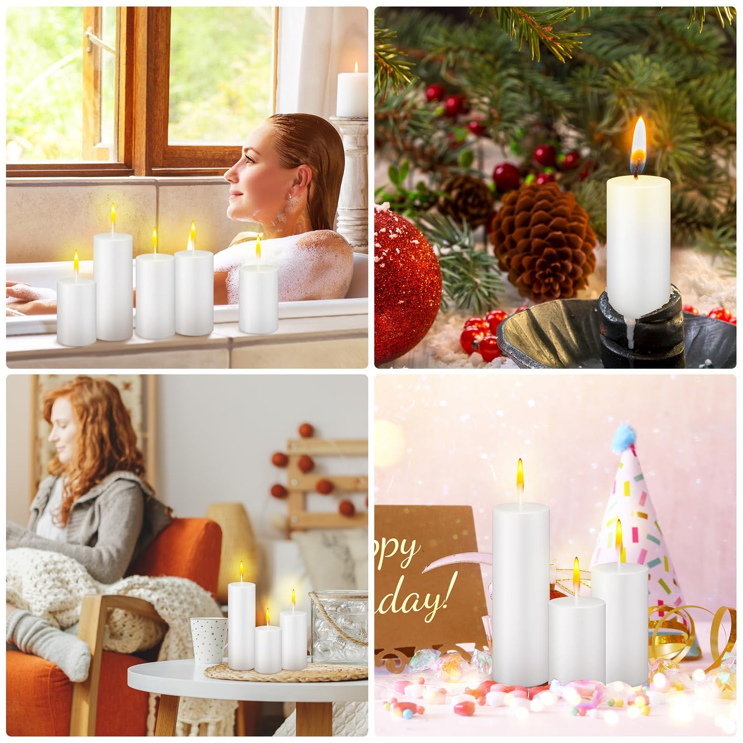 MTLEE 36 Pcs Pillar Candles Bulk Unscented Candle Set 38 Hour Long Burning Dripless for Dinner Emergency Wedding Spa Party(3 Sizes,White)