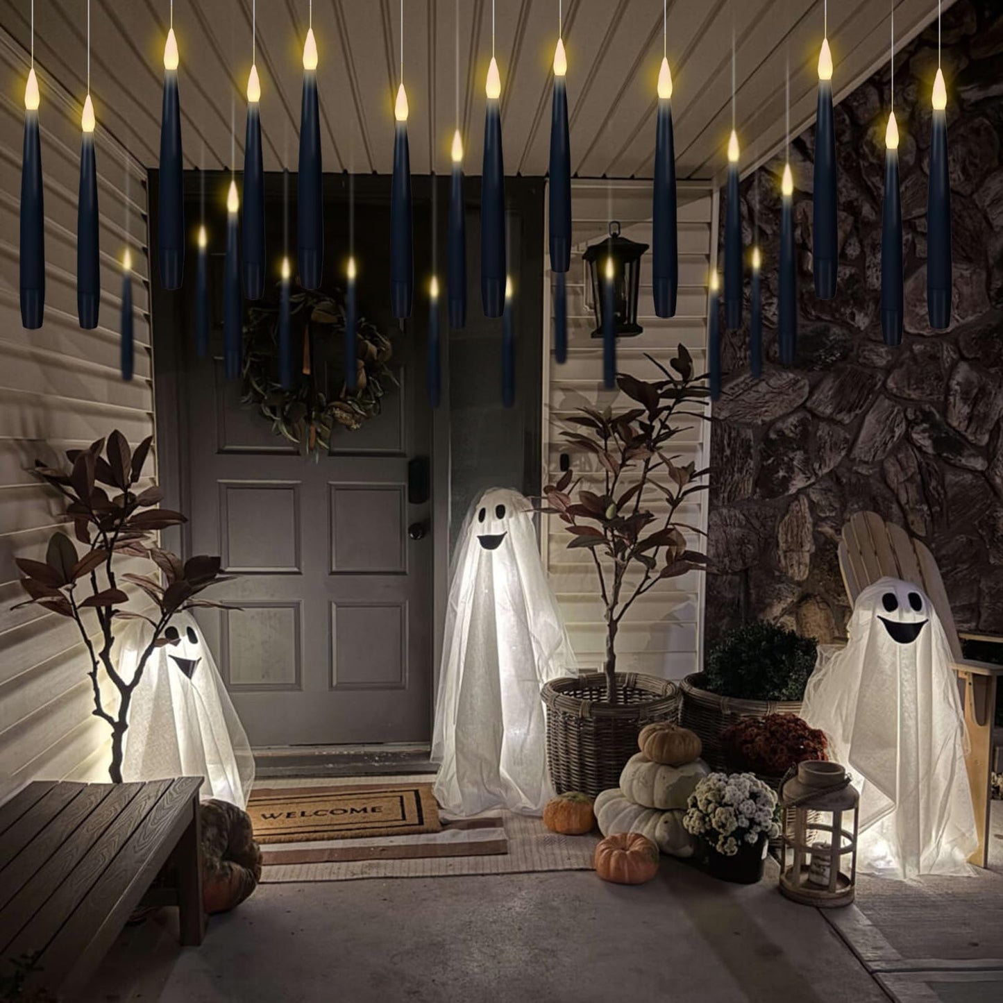 KunSwenn Black Floating Candles with Wand, Set of 22 Hanging Candles with Fishing Line, LED Flameless Halloween Taper Candle Battery Operated, Floating Halloween Decorations for Spooky Home Decor