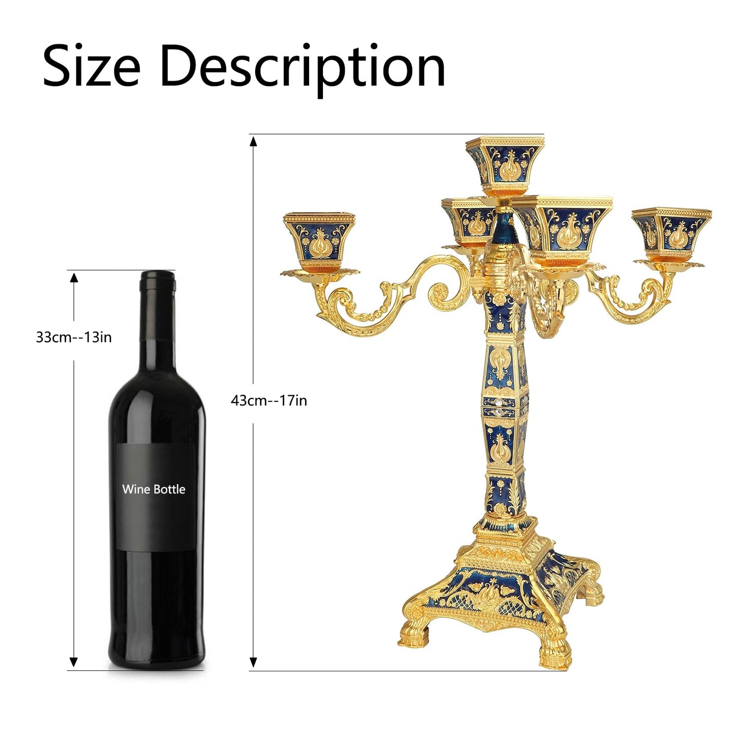 RosyLine Metal Candelabra 17" Height, Candle Holder with 5 Arms,Antique Bronze Furnish Candle Holder, Centerpiece for Home Decro,Wedding Event, Party,1 Pack (Golden Blue)
