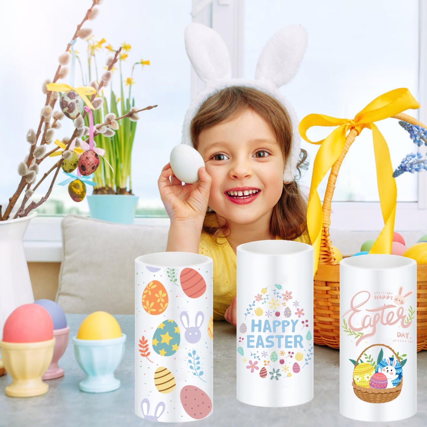 ONEIHOMM 3 Pcs Easter Flameless Candles,Battery Operated Candle, Rabbit Egg Design with Timer Remote, Happy Easter Day Gift for Bedroom Living Room Decor Farmhouse