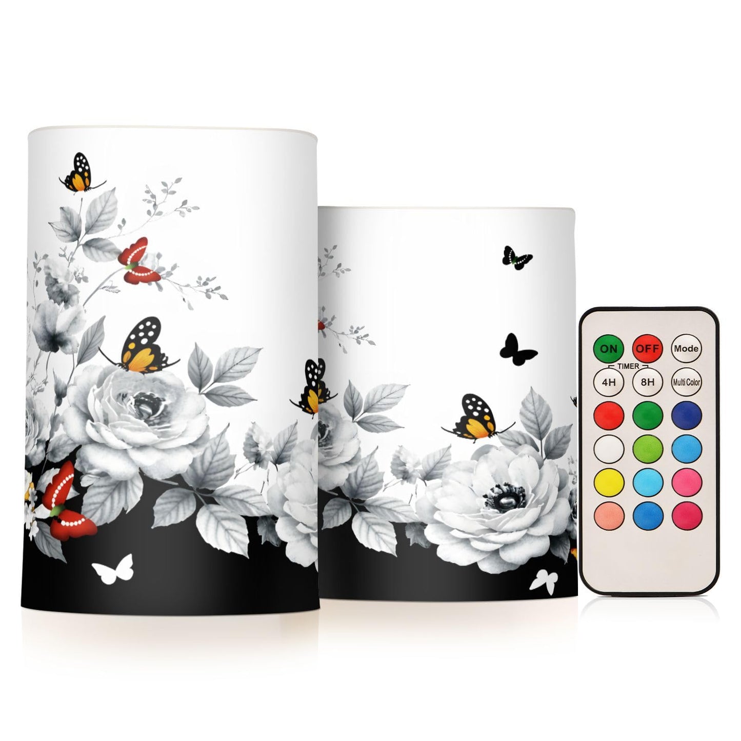 ALAZA Oriental Butterfly Cherry Blossom Flowers Flickering Flameless Candles Battery Operated with Remote Timer,Tea Light Candles LED Pillar Votive Candles Set of 2 for Outdoor Indoor Decorations