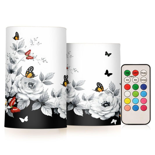 ALAZA Oriental Butterfly Cherry Blossom Flowers Flickering Flameless Candles Battery Operated with Remote Timer,Tea Light Candles LED Pillar Votive Candles Set of 2 for Outdoor Indoor Decorations