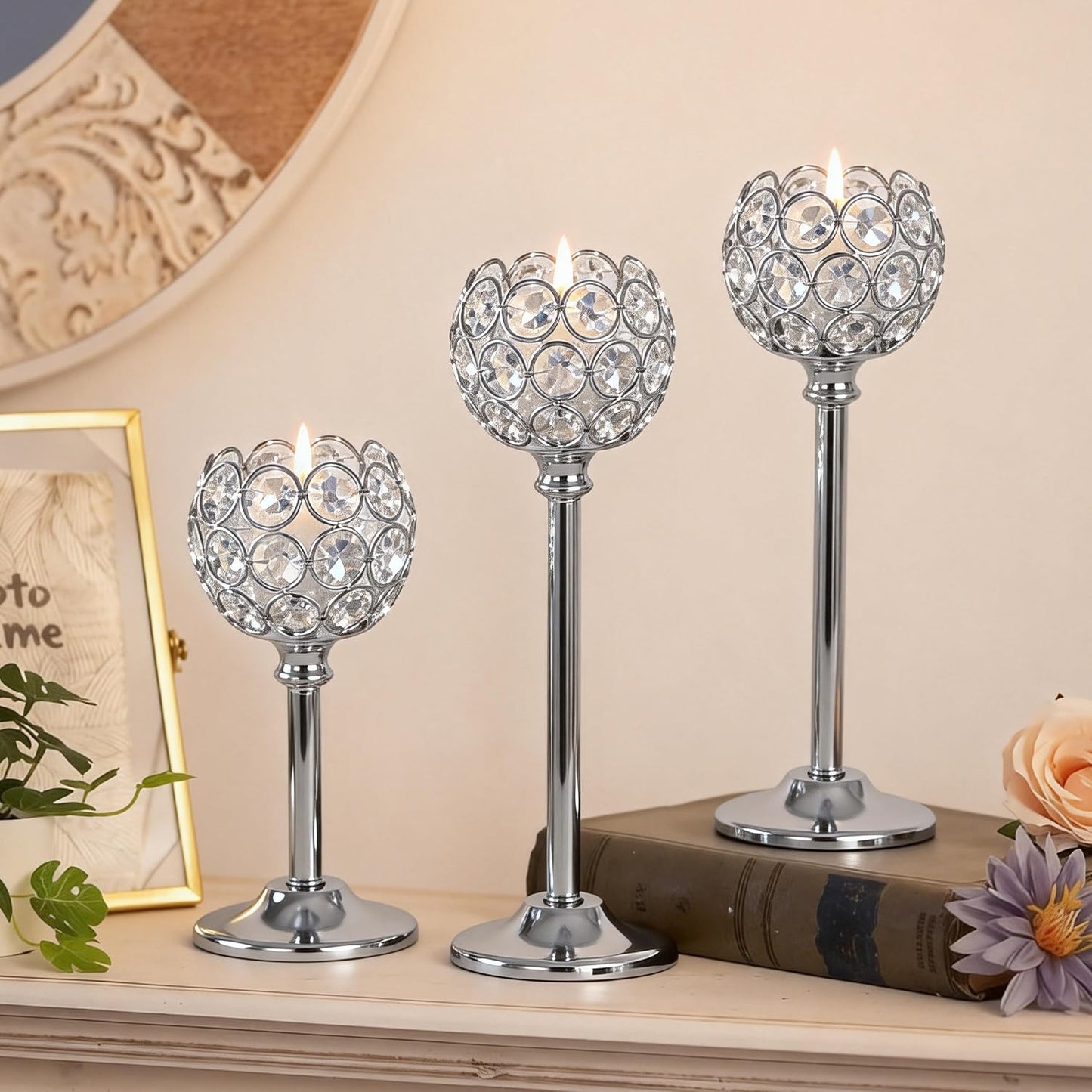 Oakernel Silver Crystal Candle Holders Candlestick Holders - 2 Sets Tall Bling Bowl Candelabra Centerpieces for Dining Table, Wedding, Party & Fireplace Mantel Decor,6Pcs