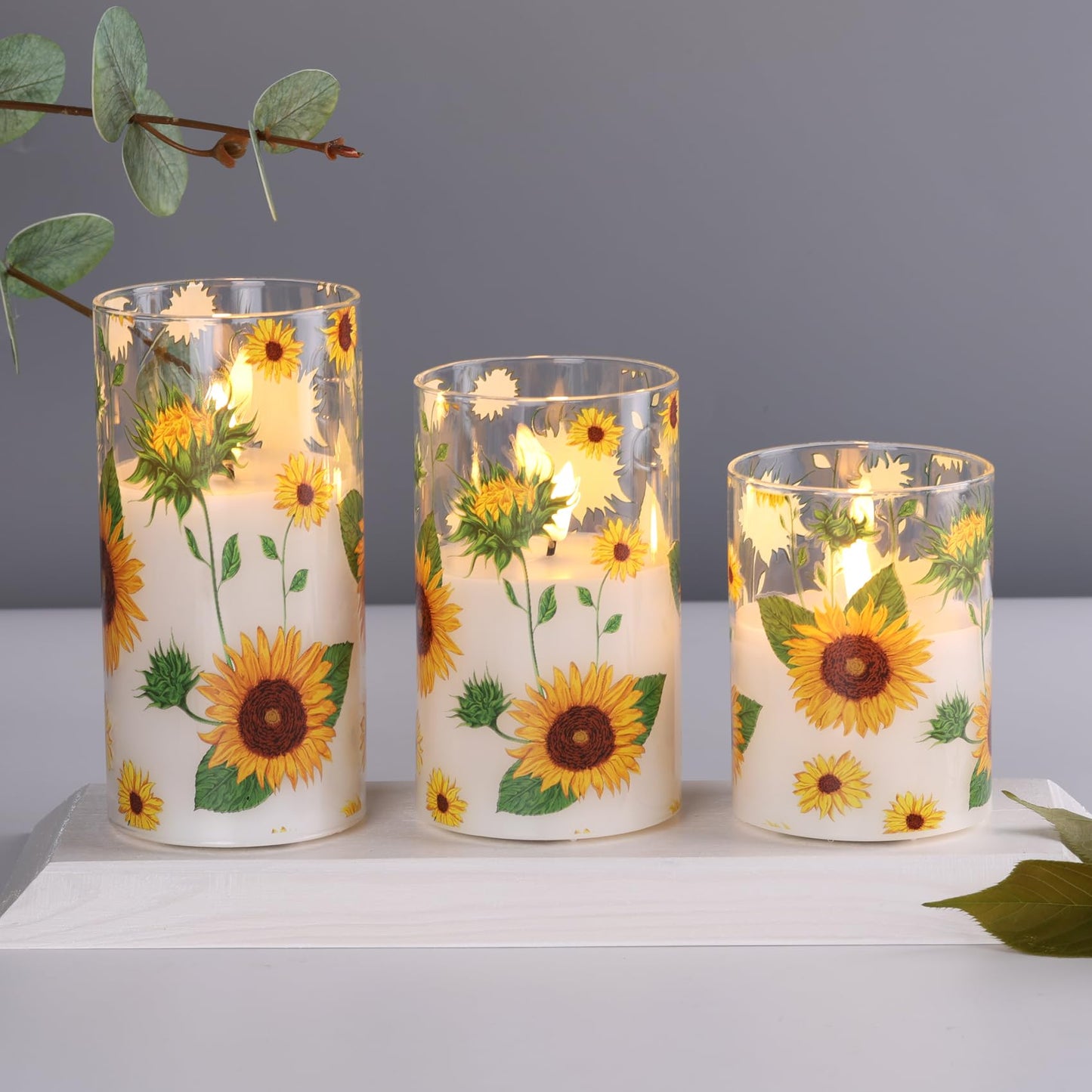 Eywamage Sunflower Glass Flameless Candles with Remote, Flickering Battery LED Pillar Candles Spring Home Table Decor Set of 3