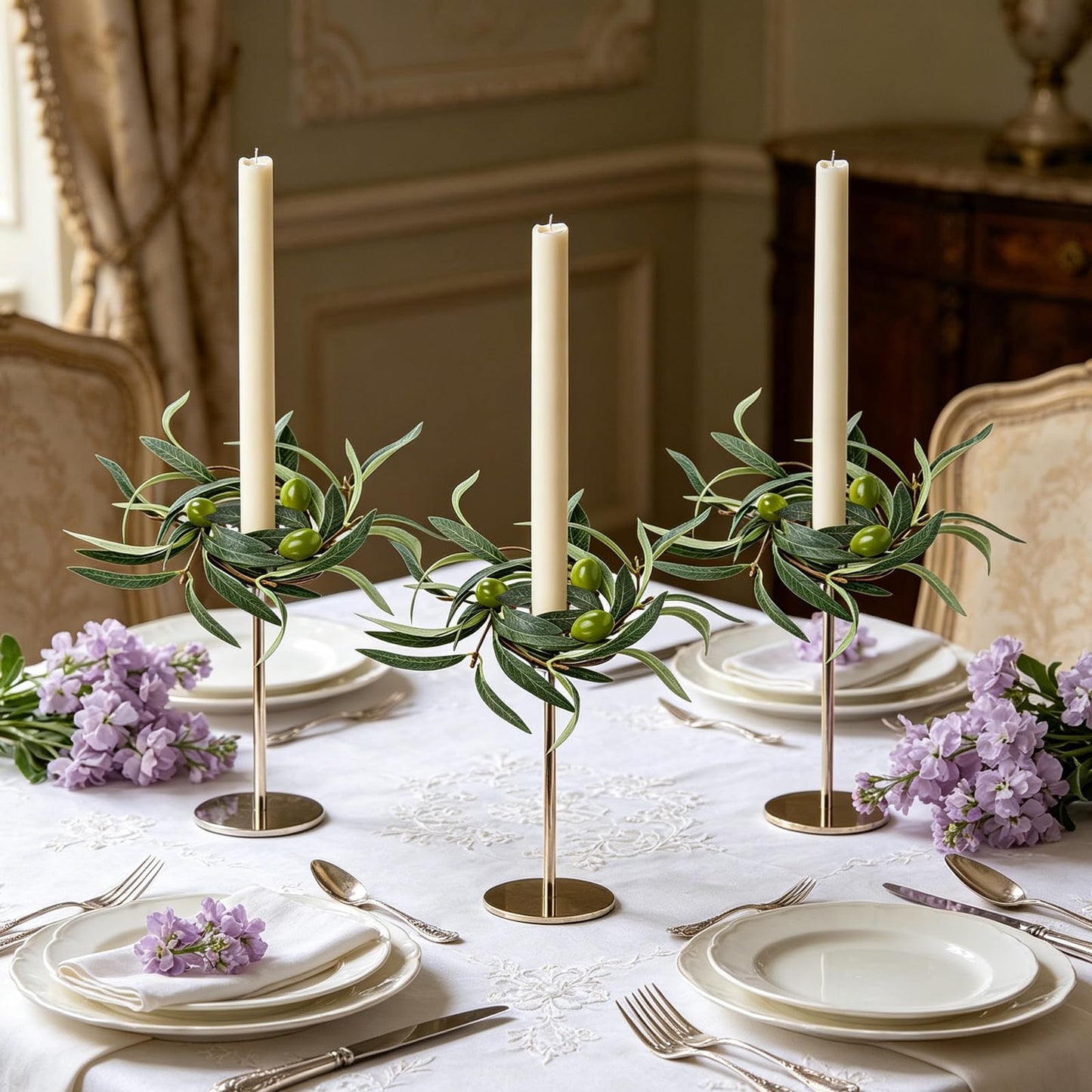 6 PCS 1.38" Mini Spring Summer Taper Candle Ring Mini Green Olive Candle Rings for Tapers Small Artificial Greenery Candle Holder Wreaths for Table Centerpieces Home Wedding Candlesticks Decor