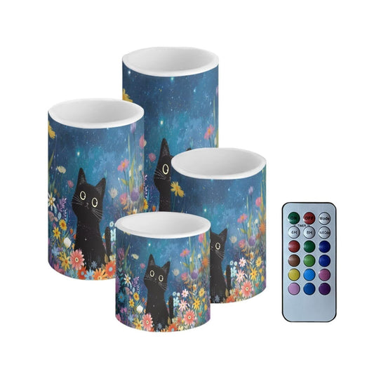 Cozeyat Cat Moon 4 Pack Battery Operated Flameless Candles Color Changing LED Pillar Candles with Remote Timer Flickering for Home Wedding Decor